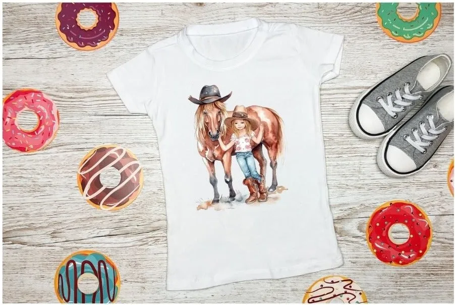 Cute Little Country Girl with her Pony T-Shirt, Country T-Shirt, Gift, Kids T-Shirt