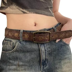 Dark Brown Floral Brass Buckle Waist Belt