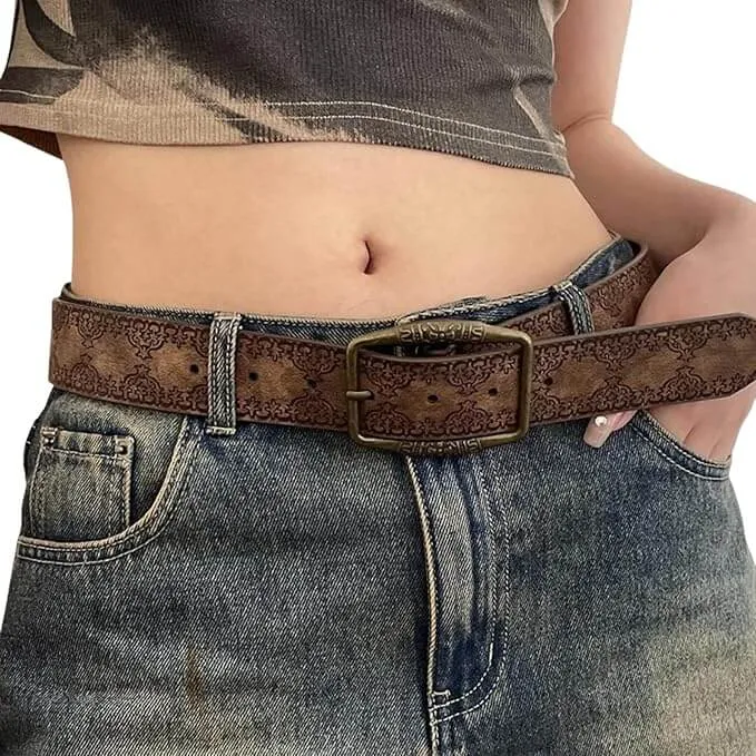 Dark Brown Floral Brass Buckle Waist Belt