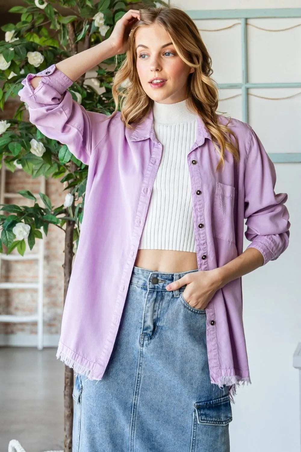 Denim Shirt Women's Fashion Lilac Raw Hem Button Up Long Sleeve Shirt