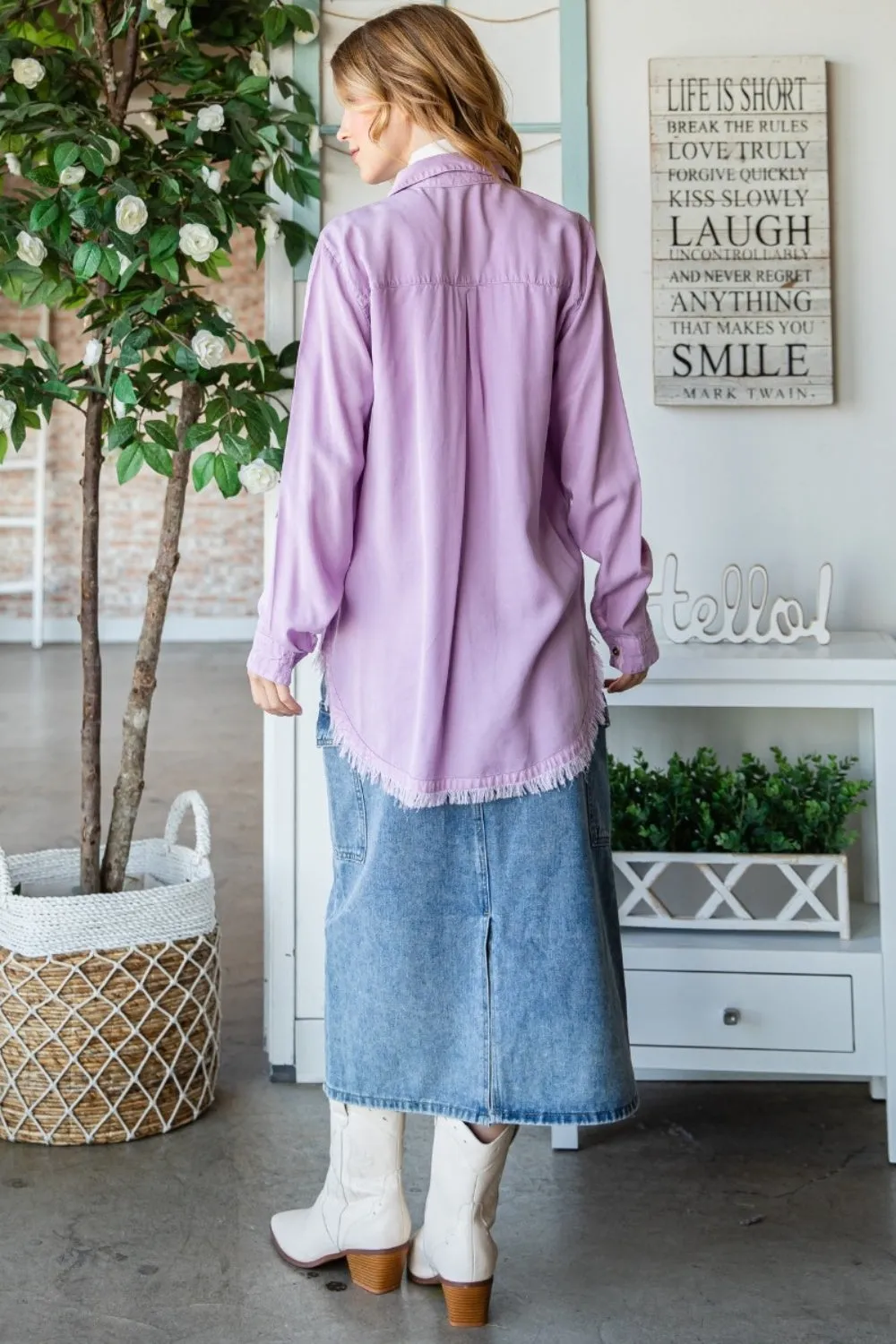 Denim Shirt Women's Fashion Lilac Raw Hem Button Up Long Sleeve Shirt