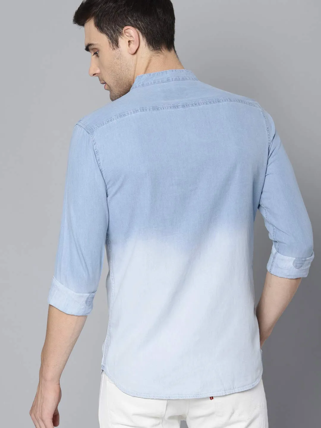 Dennis Lingo Men's Cotton Full Sleeves Cotton Denim Solid Casual Shirt with Mandarin Collar (Light Blue, L)