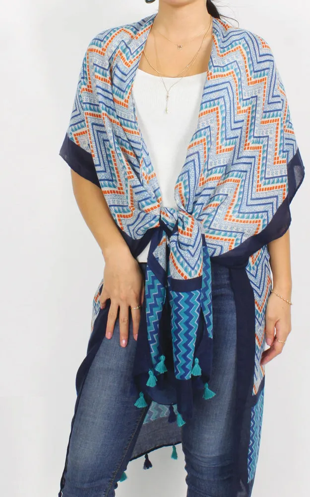 EAV9922 Chevron Print Kimono Cover Up w/Tassels