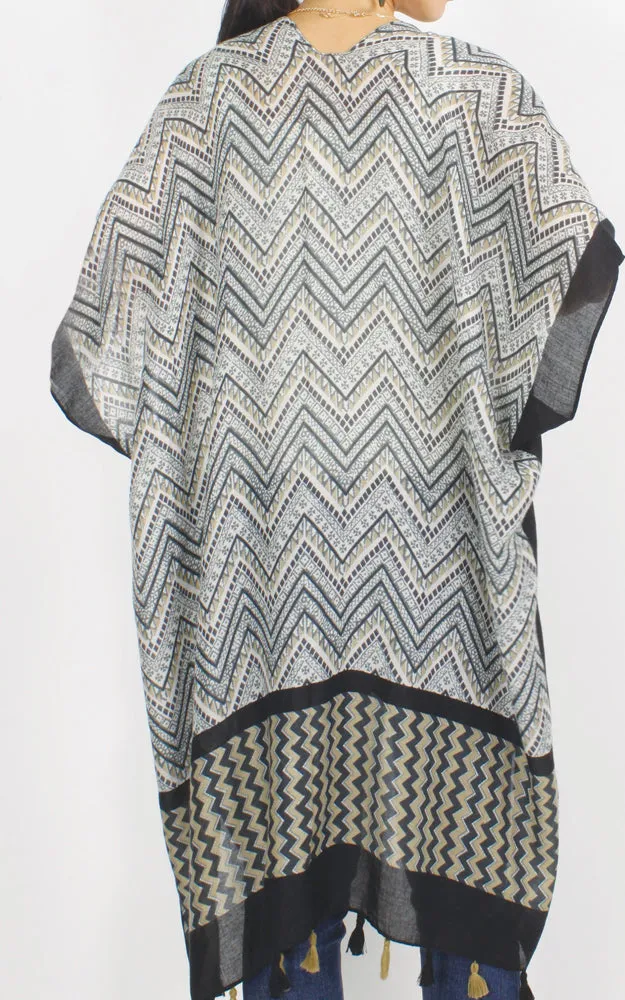 EAV9922 Chevron Print Kimono Cover Up w/Tassels
