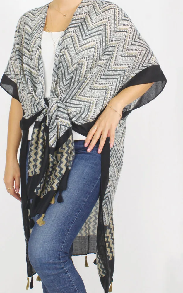 EAV9922 Chevron Print Kimono Cover Up w/Tassels