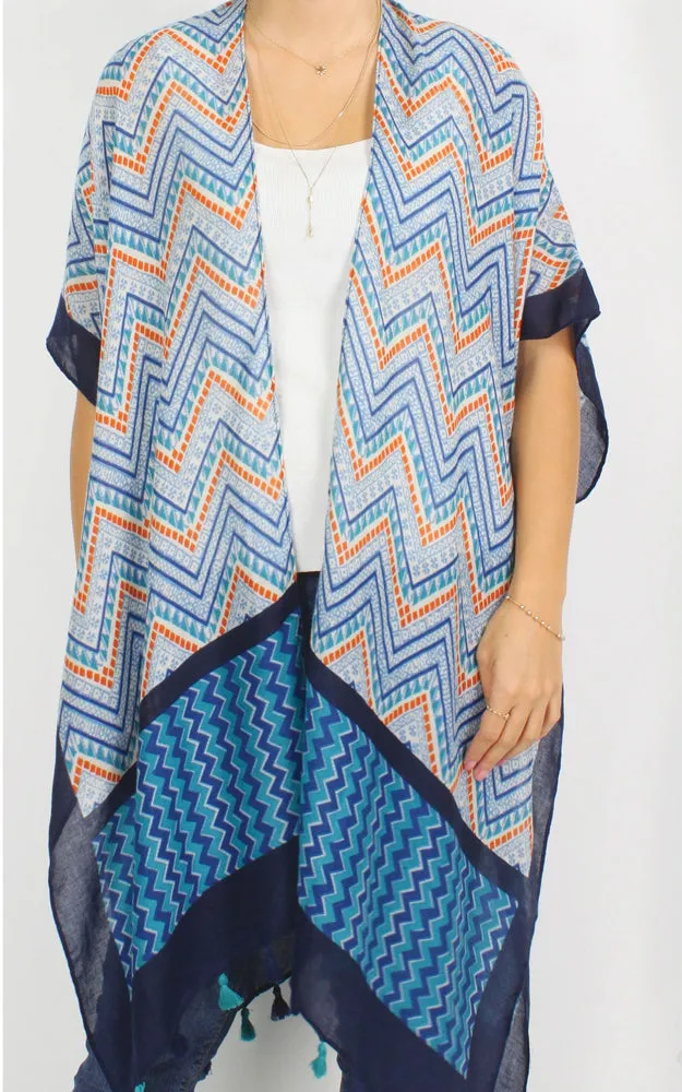 EAV9922 Chevron Print Kimono Cover Up w/Tassels
