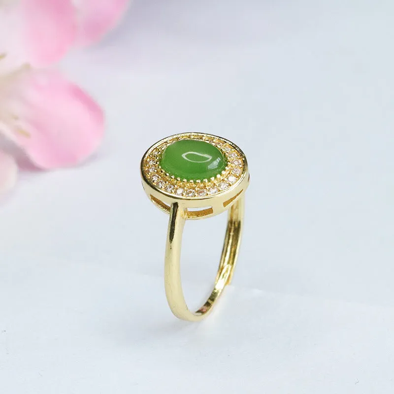 Elegant Sterling Silver Hetian Jade and Zircon Russian Design Ring