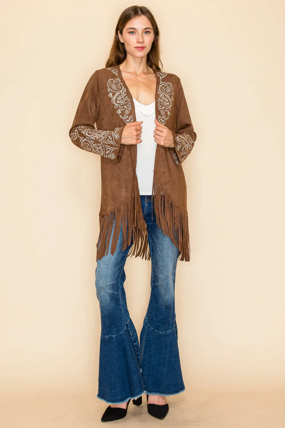 Embroidered Lapel and Sleeve Suede Cardigan - Brown