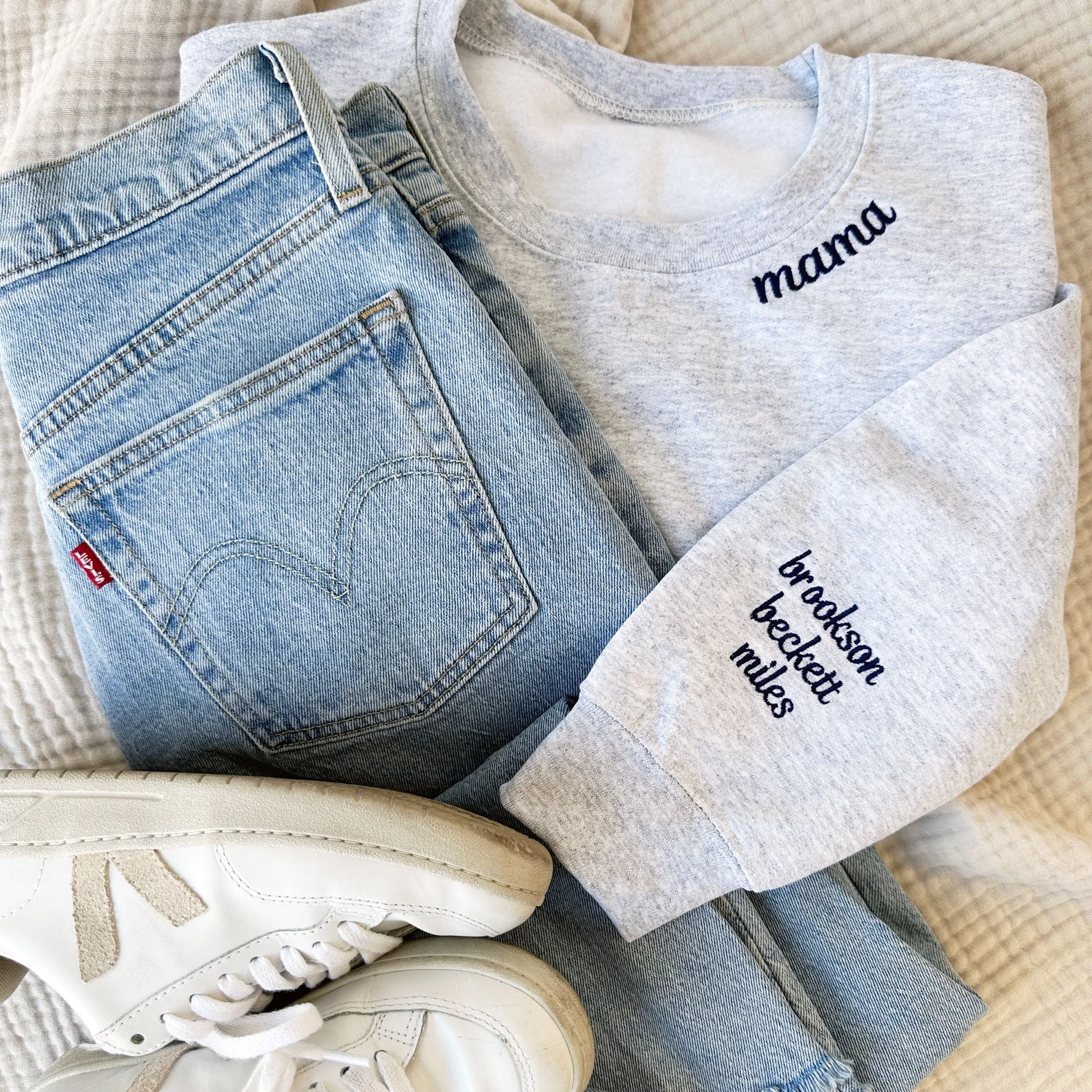 Embroidered Mama Sweatshirt with Kids Names on Sleeve
