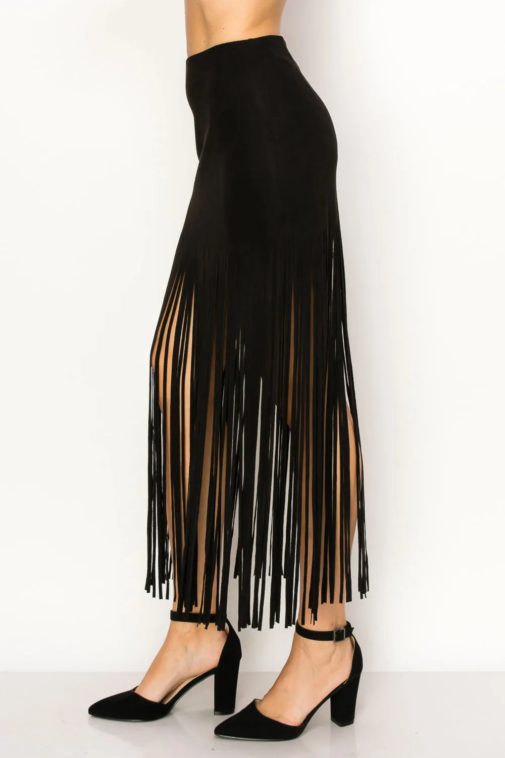 Faux Suede Fringe Maxi Skirt - Black