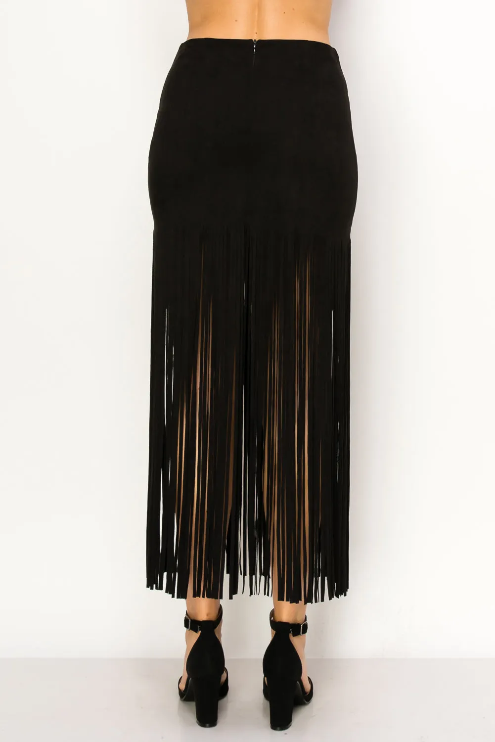 Faux Suede Fringe Maxi Skirt - Black