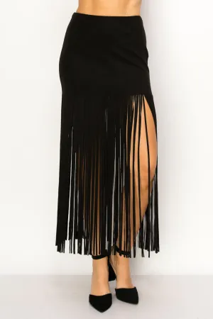 Faux Suede Fringe Maxi Skirt - Black