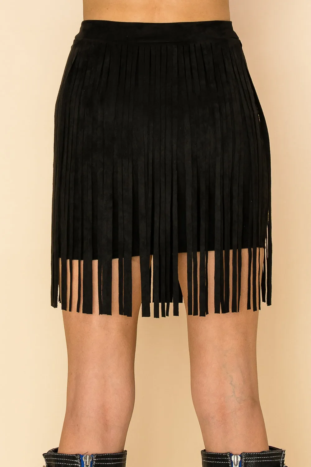 Faux Suede Fringe Mini Skirt - Black