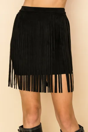 Faux Suede Fringe Mini Skirt - Black