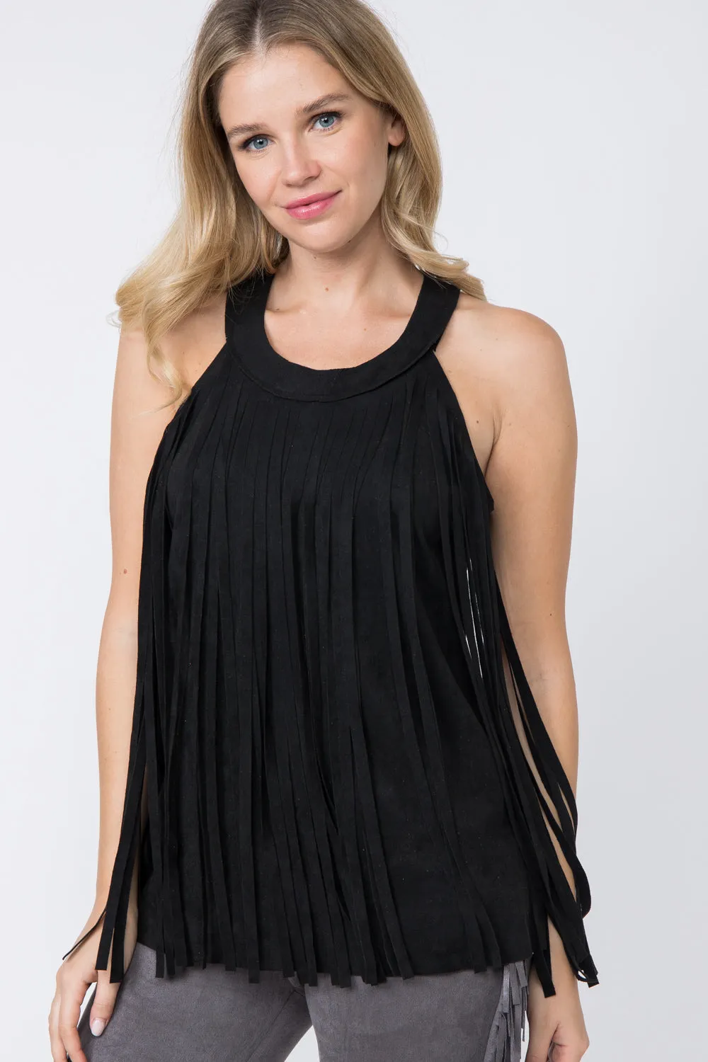Faux Suede Halter Tank with Long Fringe