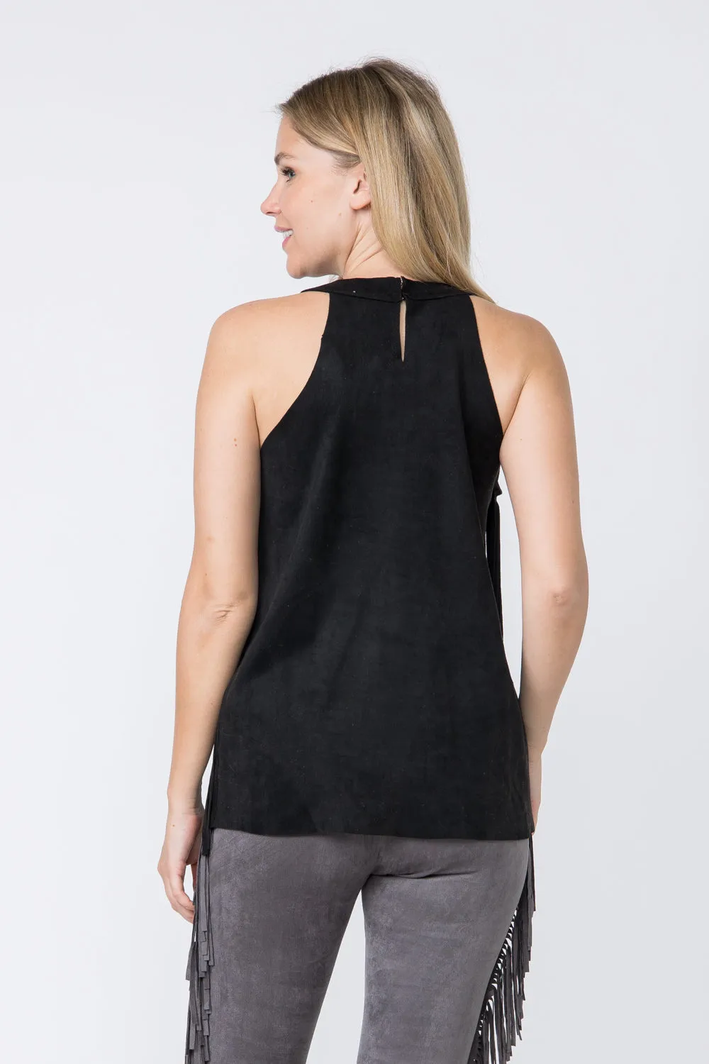 Faux Suede Halter Tank with Long Fringe