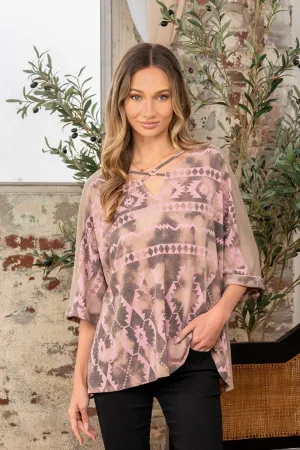 Full Size Aztec Distress Print Half Sleeve Crisscross Top