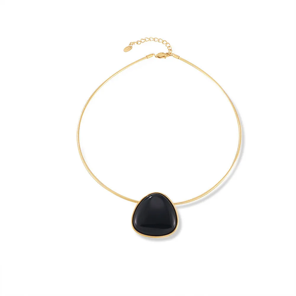 Geometric Snake Chain Black Agate Pendant Necklace - Personalized Titanium Steel Jewelry