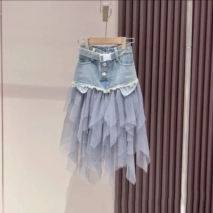 Girls Black Top And Denim Mesh Patchwork Frill Skirt 2 Pcs Set