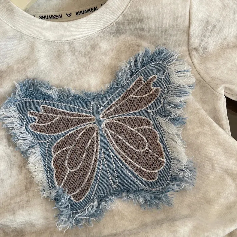 Girls Butterfly Patchwork Top And Skirt 2 Pcs Set