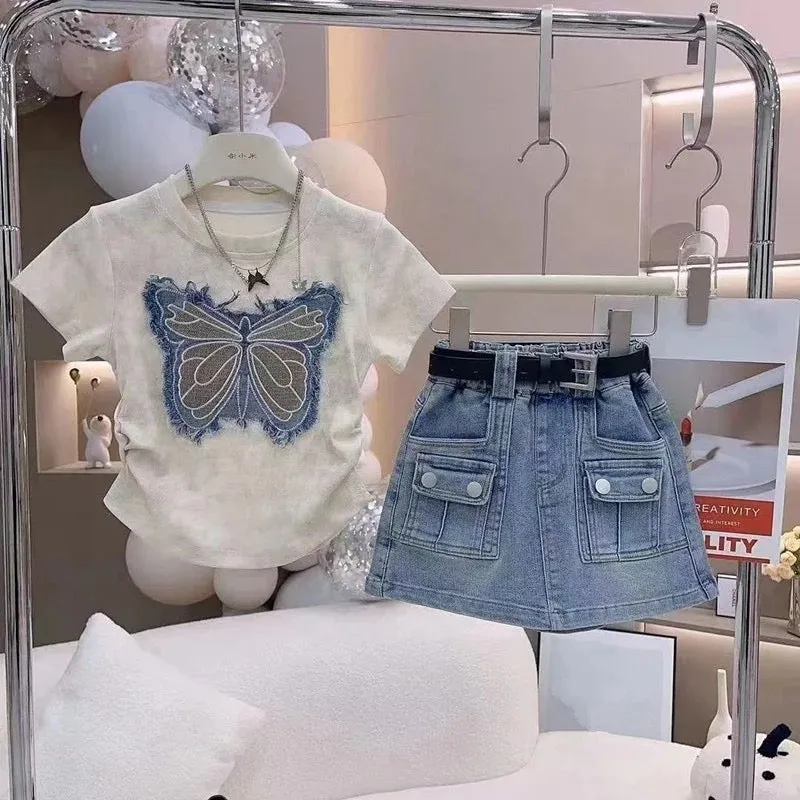 Girls Butterfly Patchwork Top And Skirt 2 Pcs Set