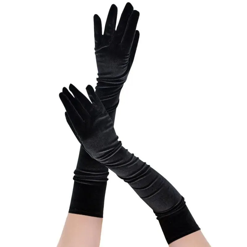 Golden Velvet Long Evening Dress Gloves: Retro Elegance Banquet Accessories