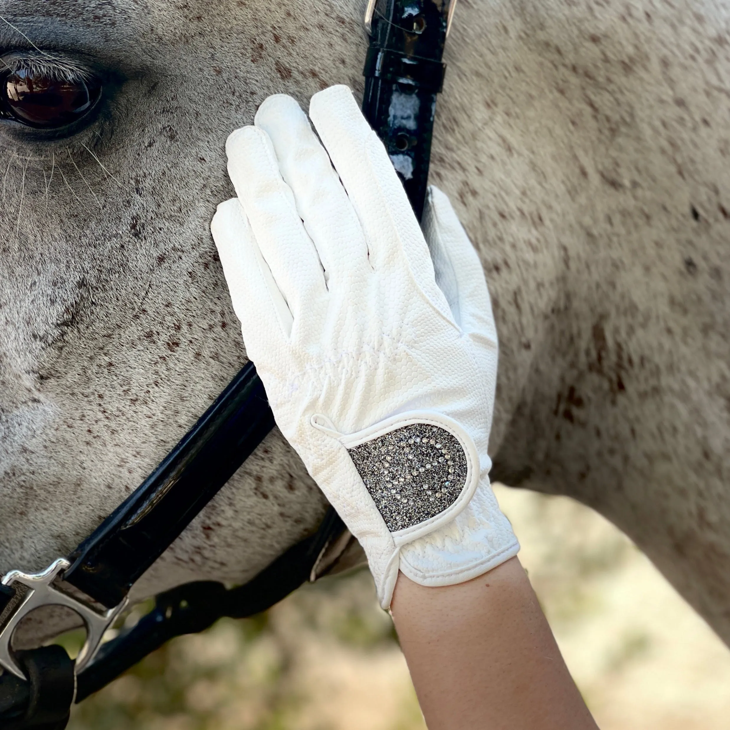 Halter Ego Competition Gloves - Silver Gray Glitter & Crystal Logo