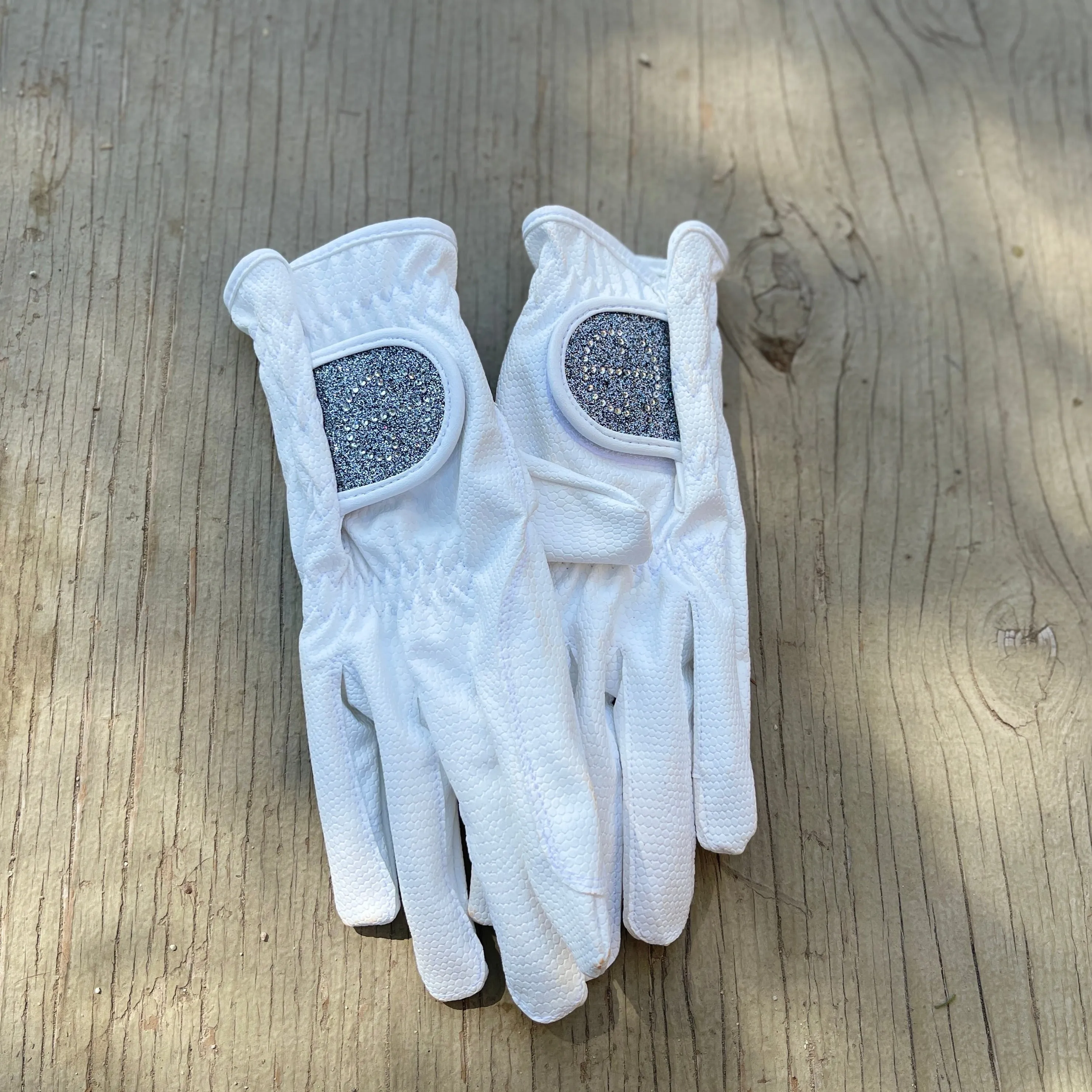 Halter Ego Competition Gloves - Silver Gray Glitter & Crystal Logo