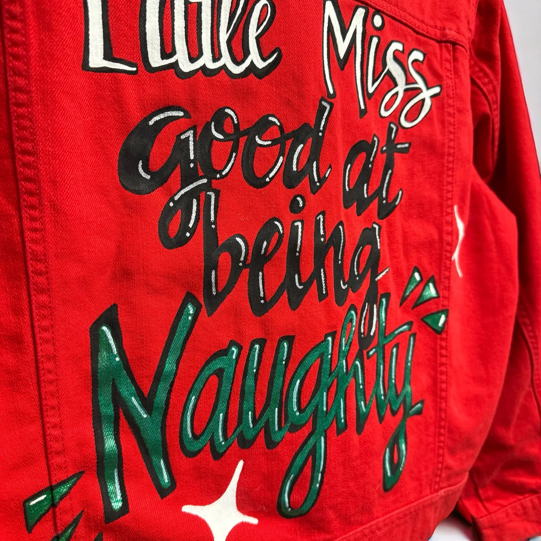 Hand Painted Jean Jacket: “Little Miss Good At Being Naughty”, Christmas Jacket, Hand Painted, Christmas Lights
