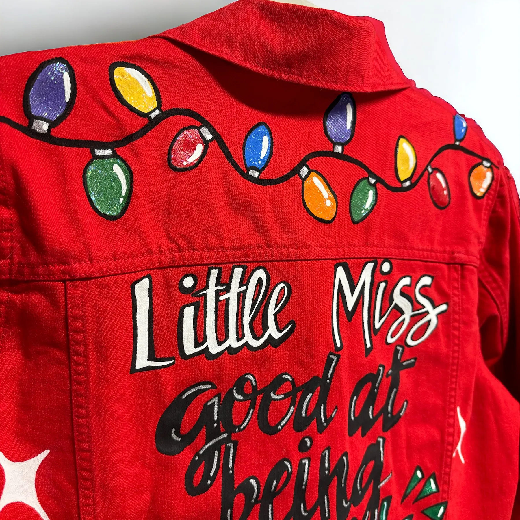 Hand Painted Jean Jacket: “Little Miss Good At Being Naughty”, Christmas Jacket, Hand Painted, Christmas Lights