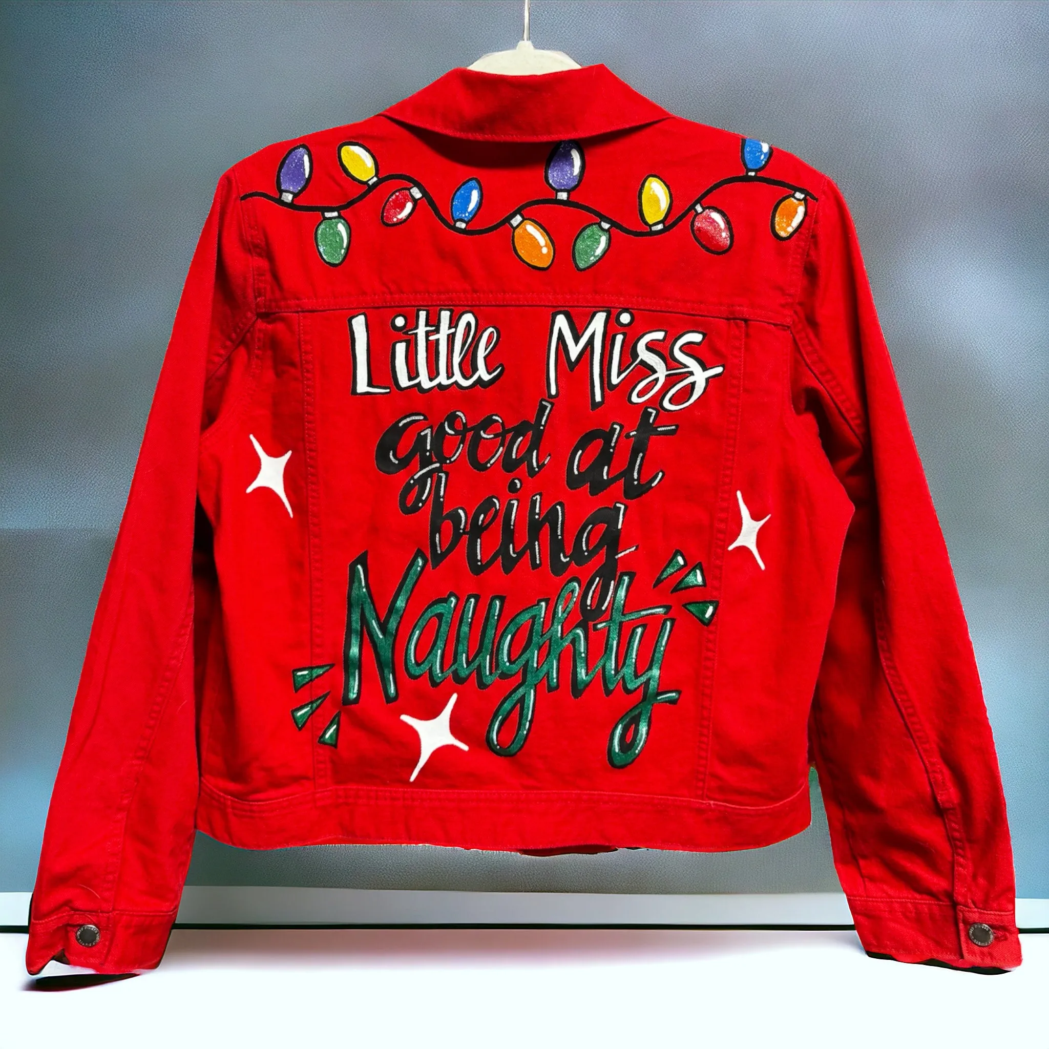 Hand Painted Jean Jacket: “Little Miss Good At Being Naughty”, Christmas Jacket, Hand Painted, Christmas Lights
