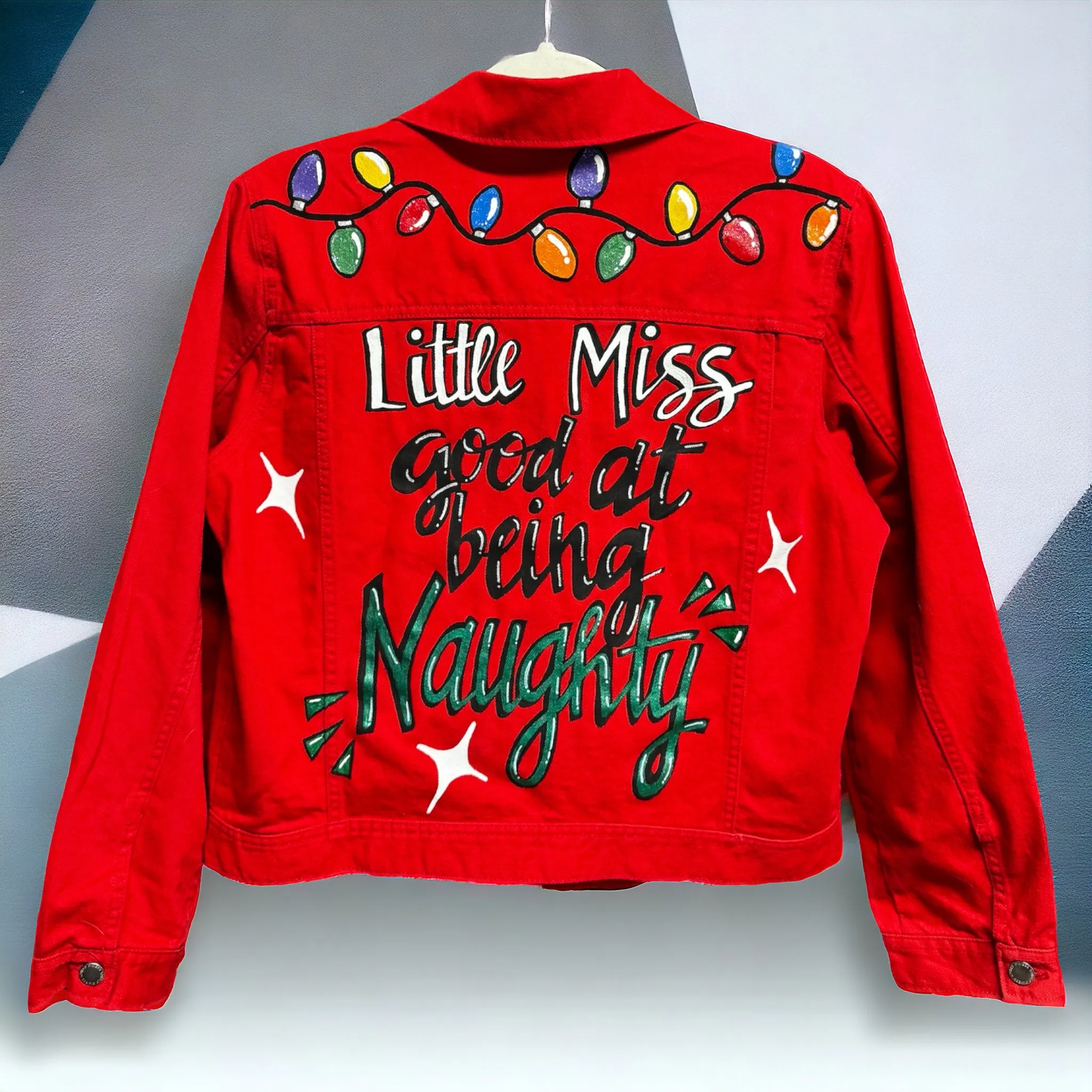 Hand Painted Jean Jacket: “Little Miss Good At Being Naughty”, Christmas Jacket, Hand Painted, Christmas Lights