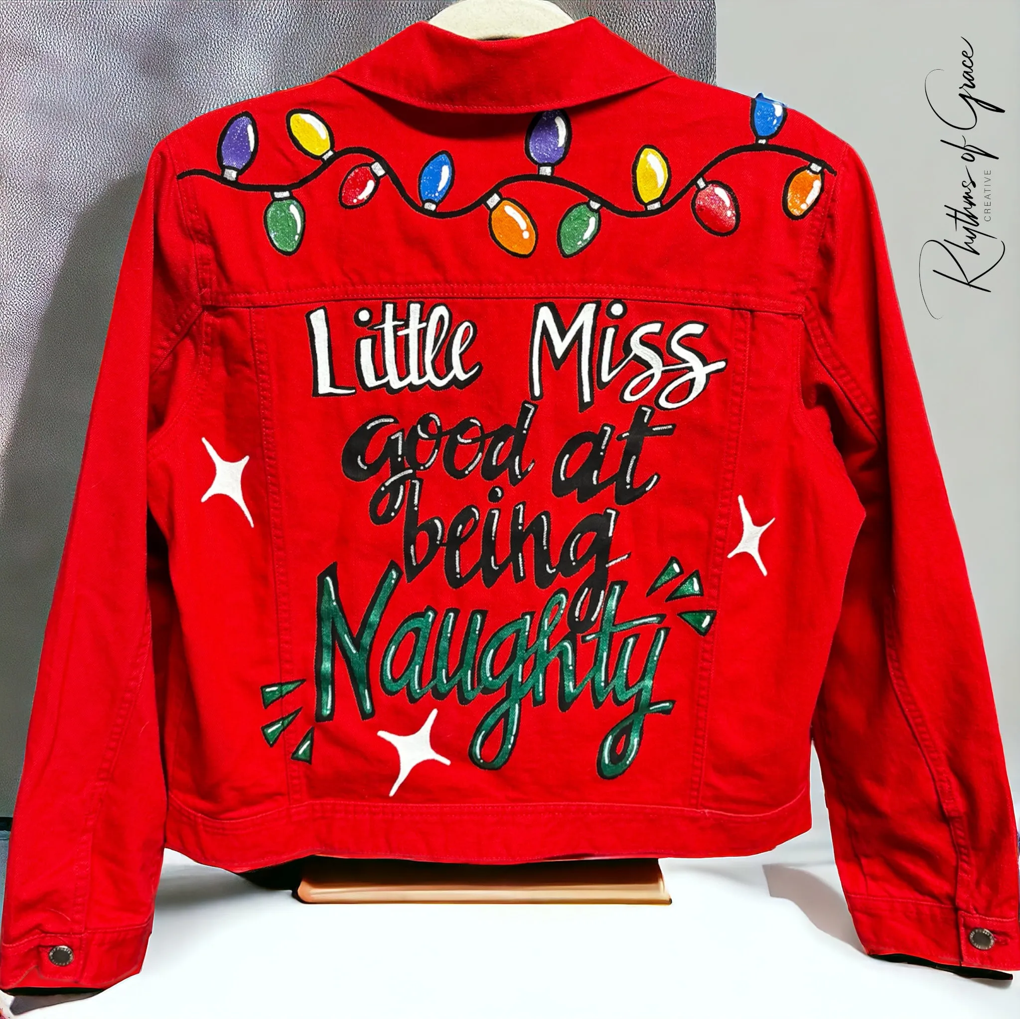 Hand Painted Jean Jacket: “Little Miss Good At Being Naughty”, Christmas Jacket, Hand Painted, Christmas Lights