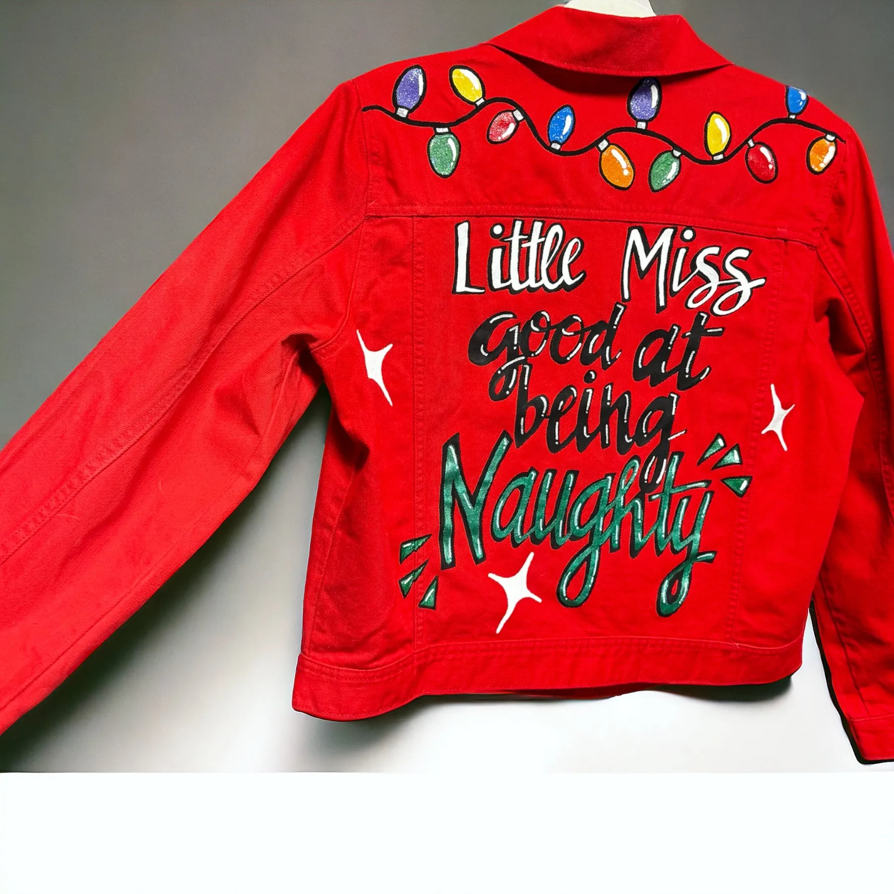 Hand Painted Jean Jacket: “Little Miss Good At Being Naughty”, Christmas Jacket, Hand Painted, Christmas Lights