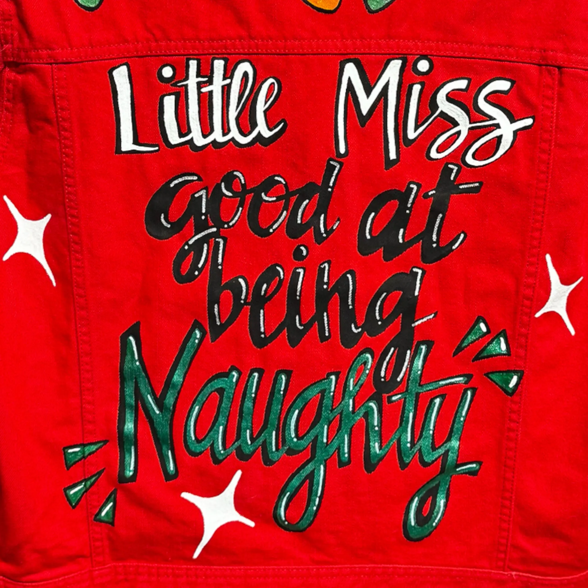 Hand Painted Jean Jacket: “Little Miss Good At Being Naughty”, Christmas Jacket, Hand Painted, Christmas Lights