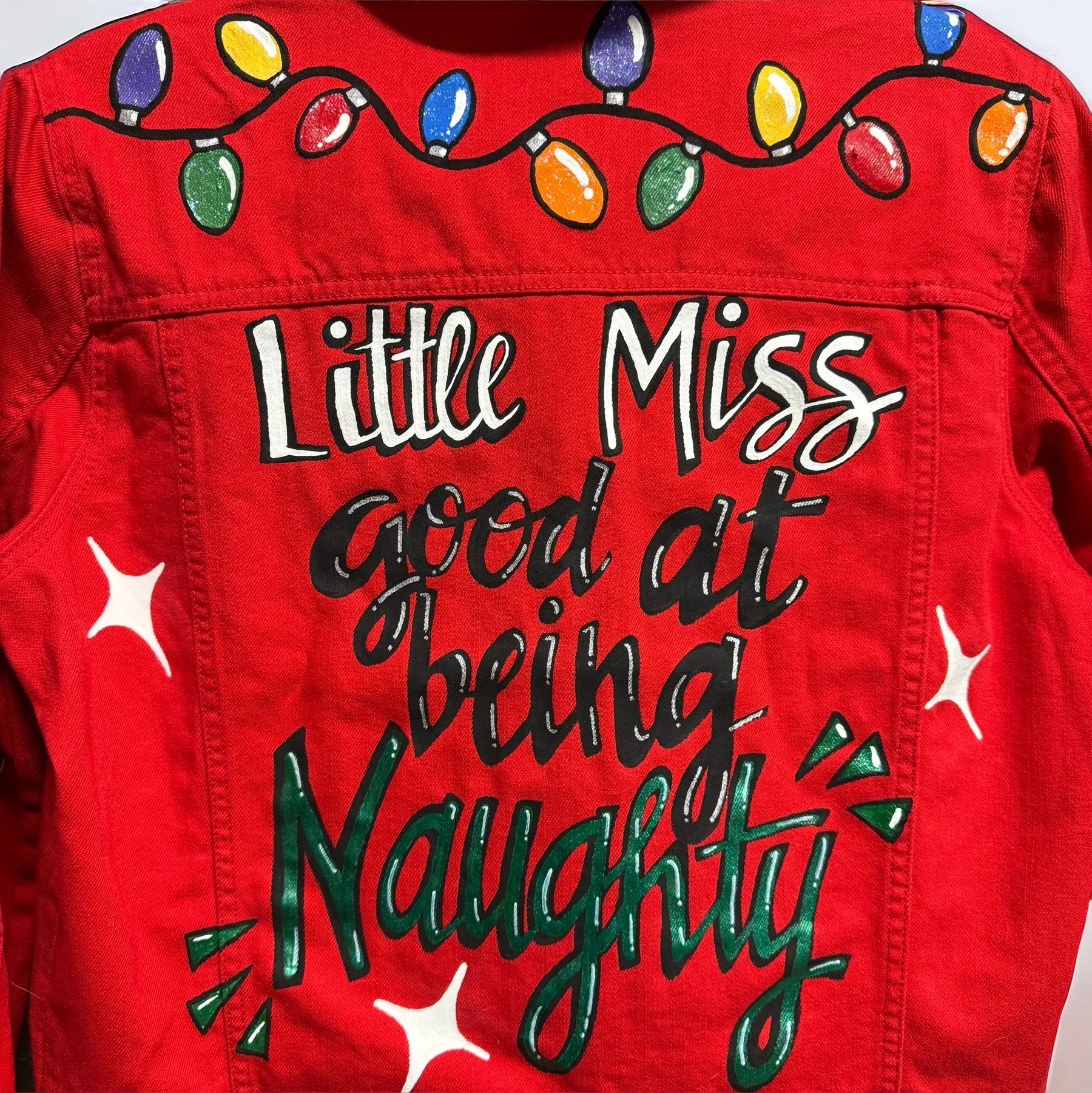Hand Painted Jean Jacket: “Little Miss Good At Being Naughty”, Christmas Jacket, Hand Painted, Christmas Lights
