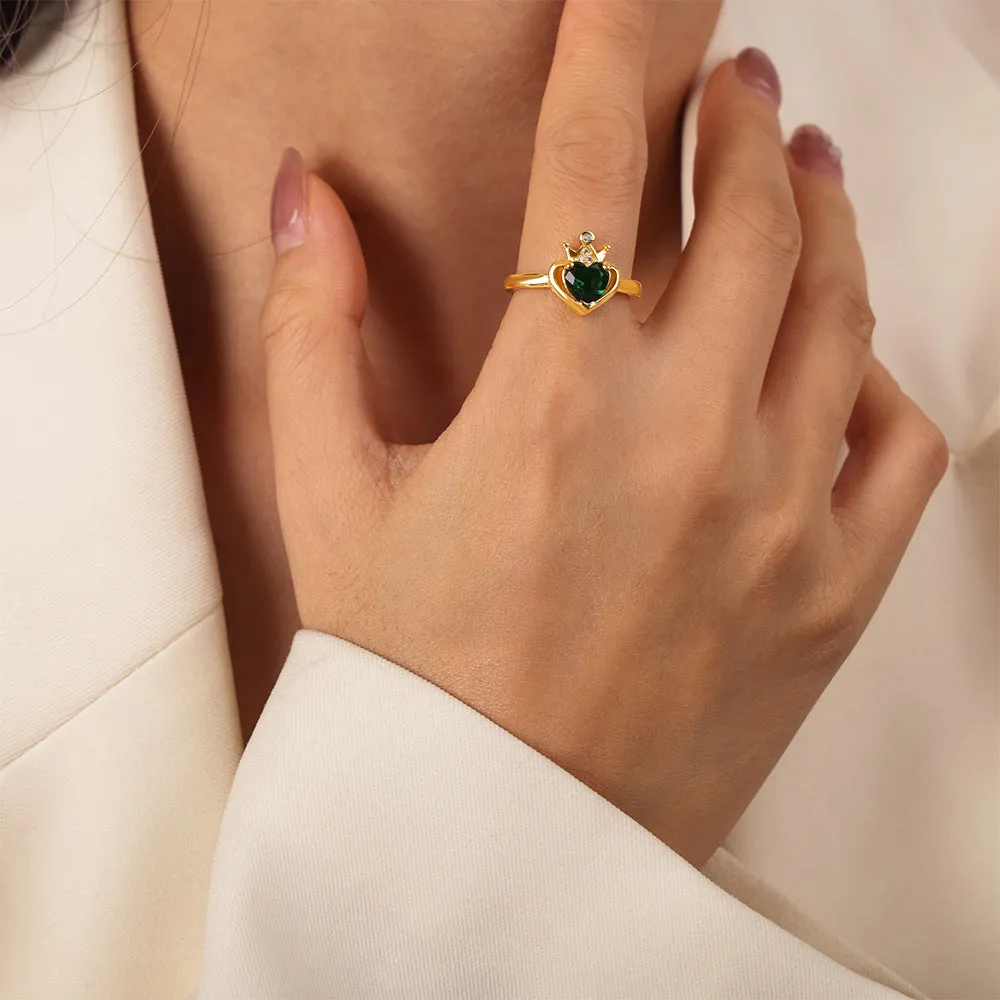 Heart-Shaped Green Zircon Crown Open Ring - Luxury Copper Jewelry