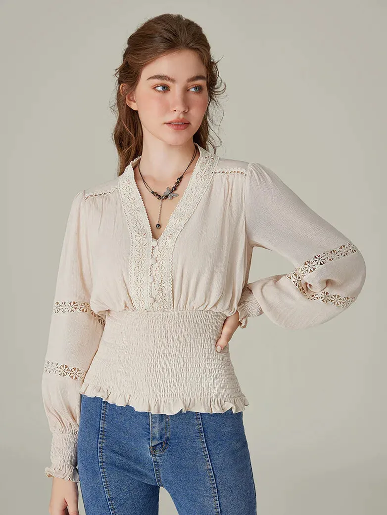 Hollow out Smocked Waist V-Neck Cotton Pullover Tops