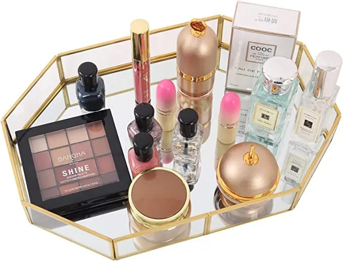Inaya Handicraft Mirror Gold Tray, Large Perfume Glass Tray Metal Makeup Decorative Tray Mirrored Jewelry Tray Organizer (Size Size:20 x 15 x 5 cm) Pack of 1, Rectangular