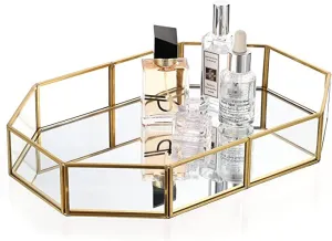 Inaya Handicraft Mirror Gold Tray, Large Perfume Glass Tray Metal Makeup Decorative Tray Mirrored Jewelry Tray Organizer (Size Size:20 x 15 x 5 cm) Pack of 1, Rectangular