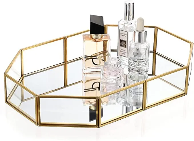 Inaya Handicraft Mirror Gold Tray, Large Perfume Glass Tray Metal Makeup Decorative Tray Mirrored Jewelry Tray Organizer (Size Size:20 x 15 x 5 cm) Pack of 1, Rectangular