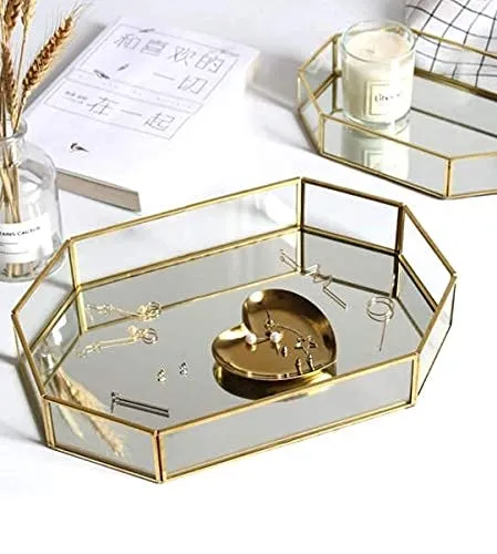 Inaya Handicraft Mirror Gold Tray, Large Perfume Glass Tray Metal Makeup Decorative Tray Mirrored Jewelry Tray Organizer (Size Size:20 x 15 x 5 cm) Pack of 1, Rectangular