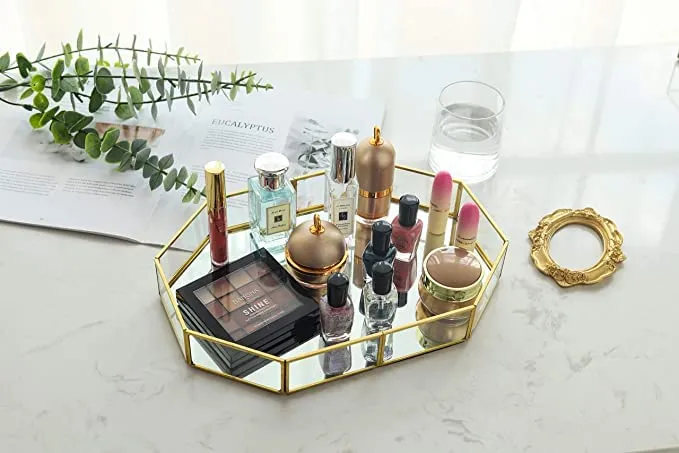 Inaya Handicraft Mirror Gold Tray, Large Perfume Glass Tray Metal Makeup Decorative Tray Mirrored Jewelry Tray Organizer (Size Size:20 x 15 x 5 cm) Pack of 1, Rectangular