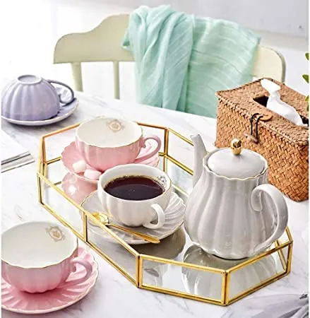 Inaya Handicraft Mirror Gold Tray, Large Perfume Glass Tray Metal Makeup Decorative Tray Mirrored Jewelry Tray Organizer (Size Size:20 x 15 x 5 cm) Pack of 1, Rectangular