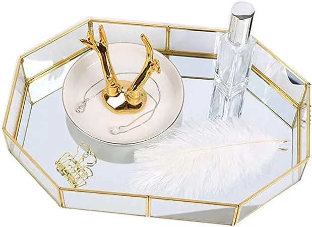 Inaya Handicraft Mirror Gold Tray, Large Perfume Glass Tray Metal Makeup Decorative Tray Mirrored Jewelry Tray Organizer (Size Size:20 x 15 x 5 cm) Pack of 1, Rectangular