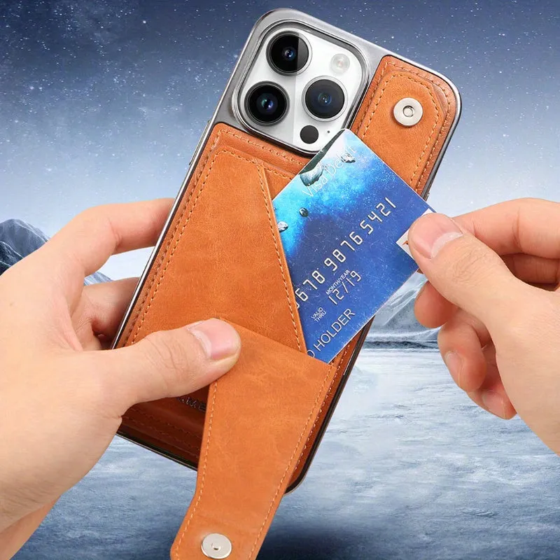 Light luxury premium leather phone case, suitable for iPhone 12/13/14/15Plus/ProMax series with built-in stand phone case and card clip