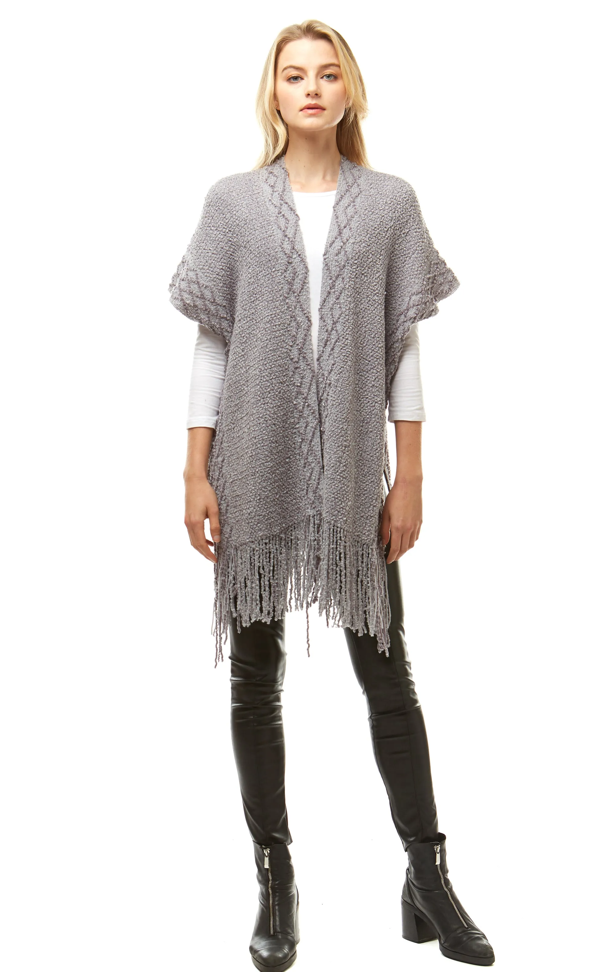 LOF935 Solid Chenille Diamond Pattern Trim Ruana with Fringe
