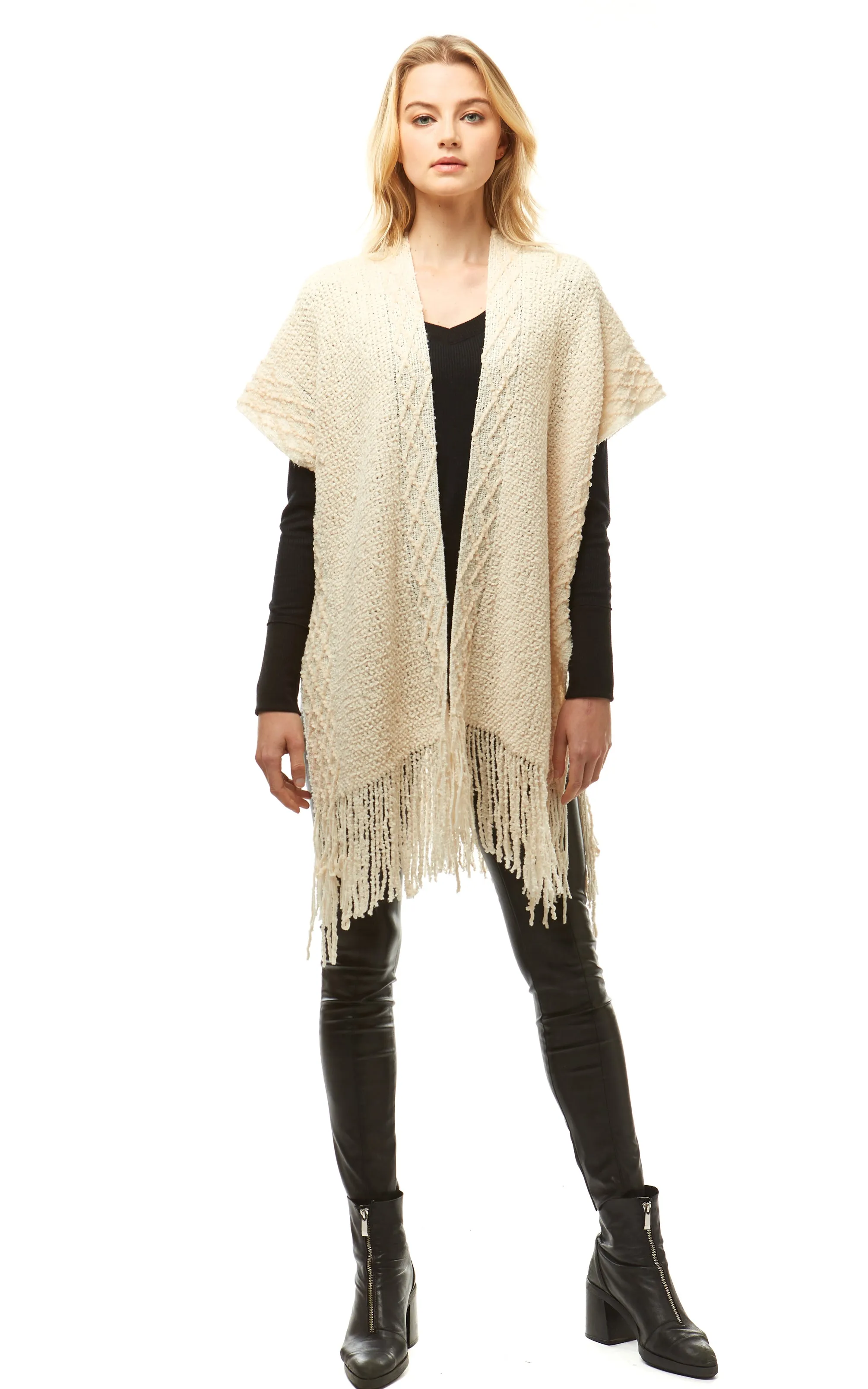 LOF935 Solid Chenille Diamond Pattern Trim Ruana with Fringe