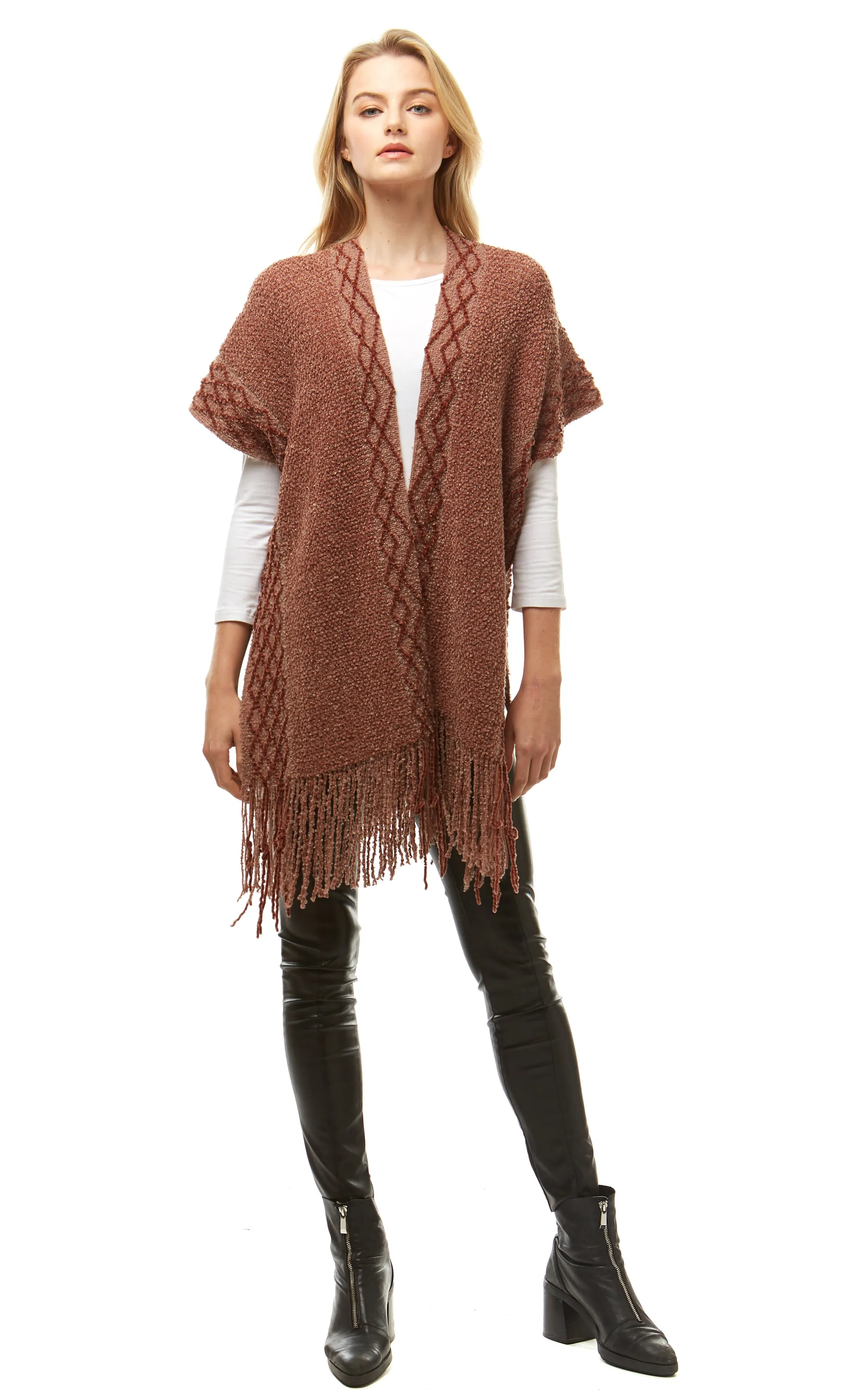 LOF935 Solid Chenille Diamond Pattern Trim Ruana with Fringe