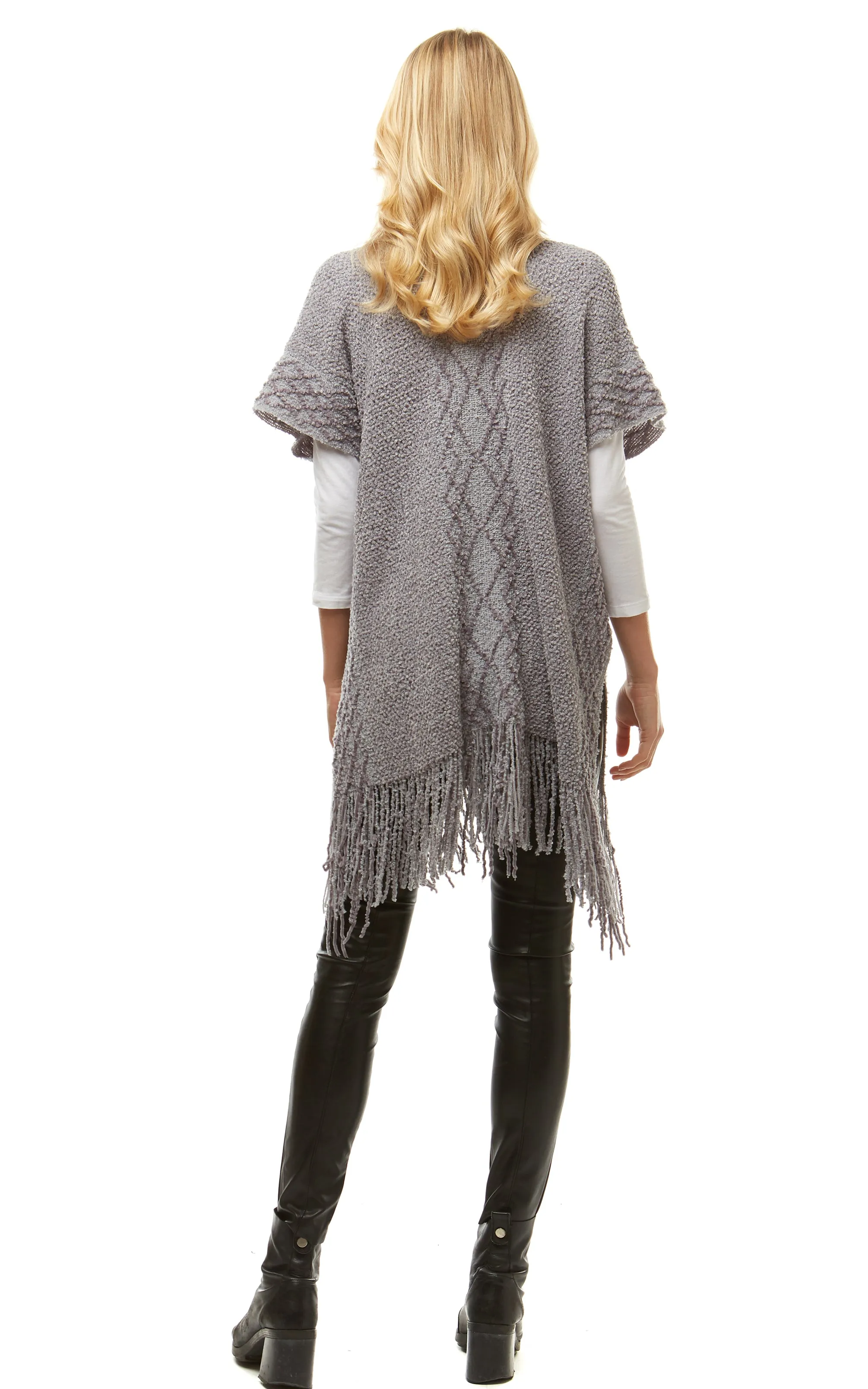 LOF935 Solid Chenille Diamond Pattern Trim Ruana with Fringe
